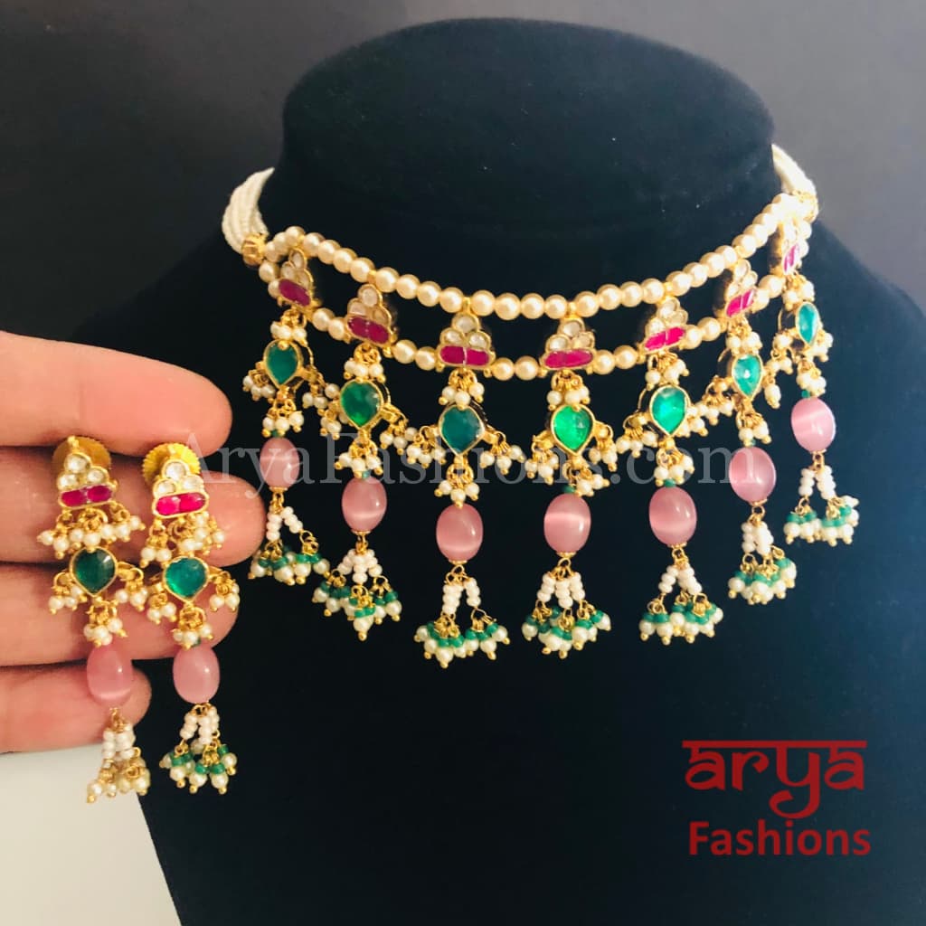 Pink Rajwadi Pacchi Kundan Choker/ Multicolor Jadau Choker