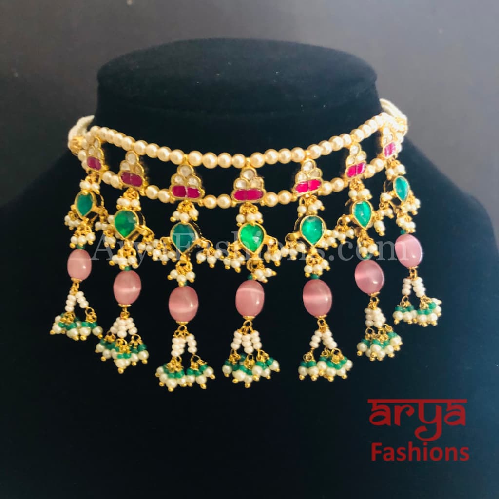 Pink Rajwadi Pacchi Kundan Choker/ Multicolor Jadau Choker