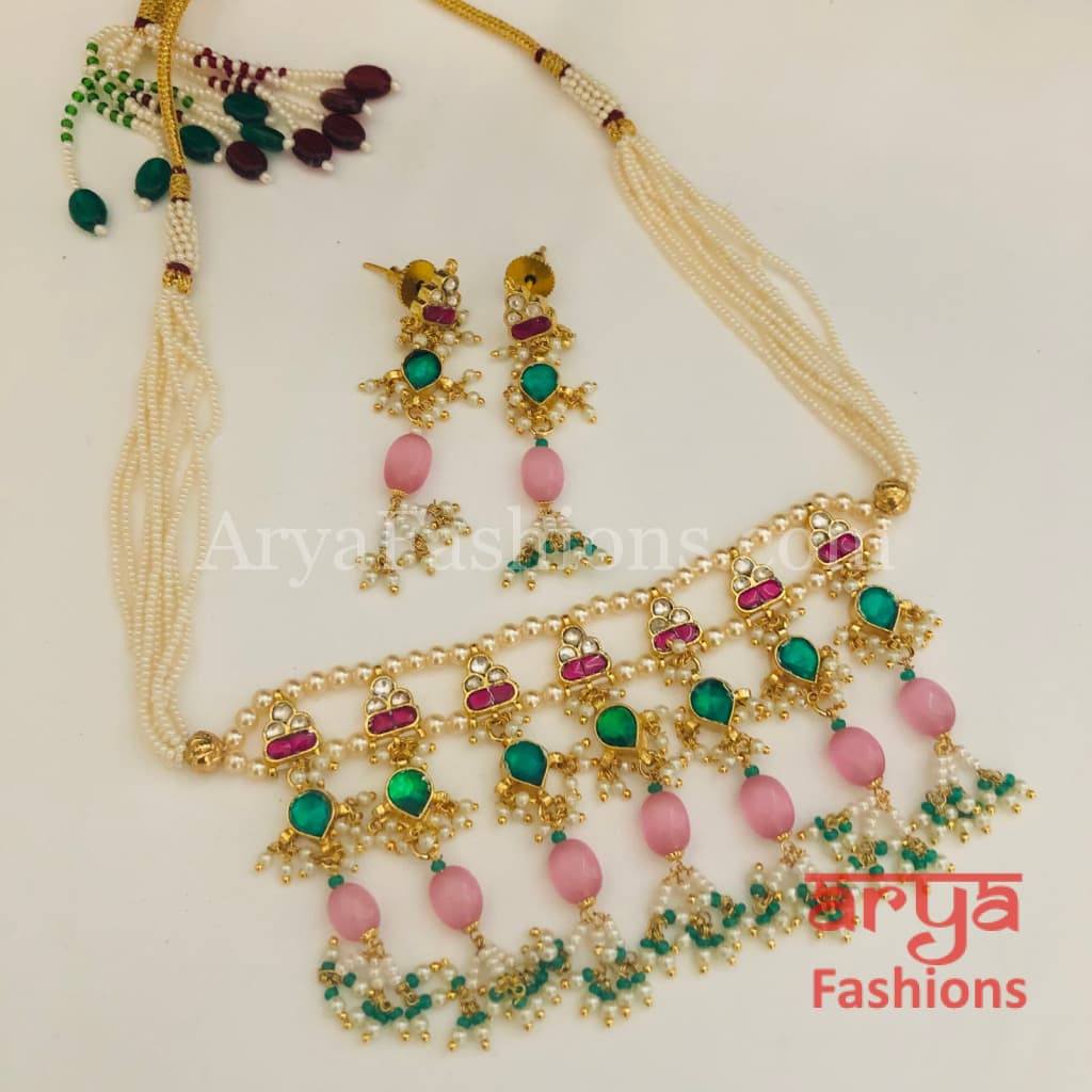 Pink Rajwadi Pacchi Kundan Choker/ Multicolor Jadau Choker