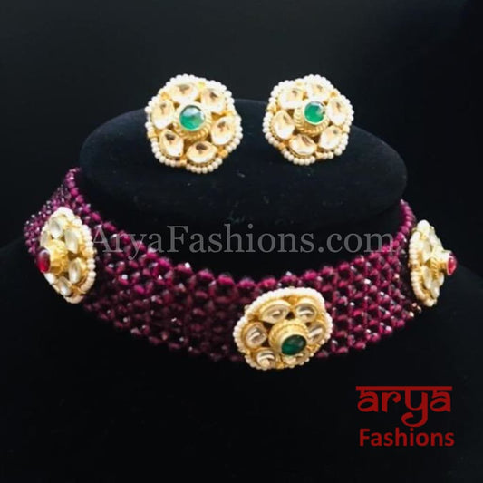 Pink Ruby Kundan Choker Necklace with Stud Earrings