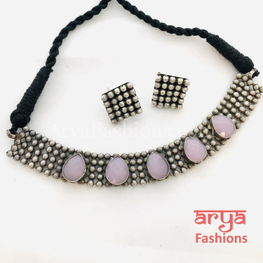 Purple Stones Oxidized Tribal Necklace with Cultured