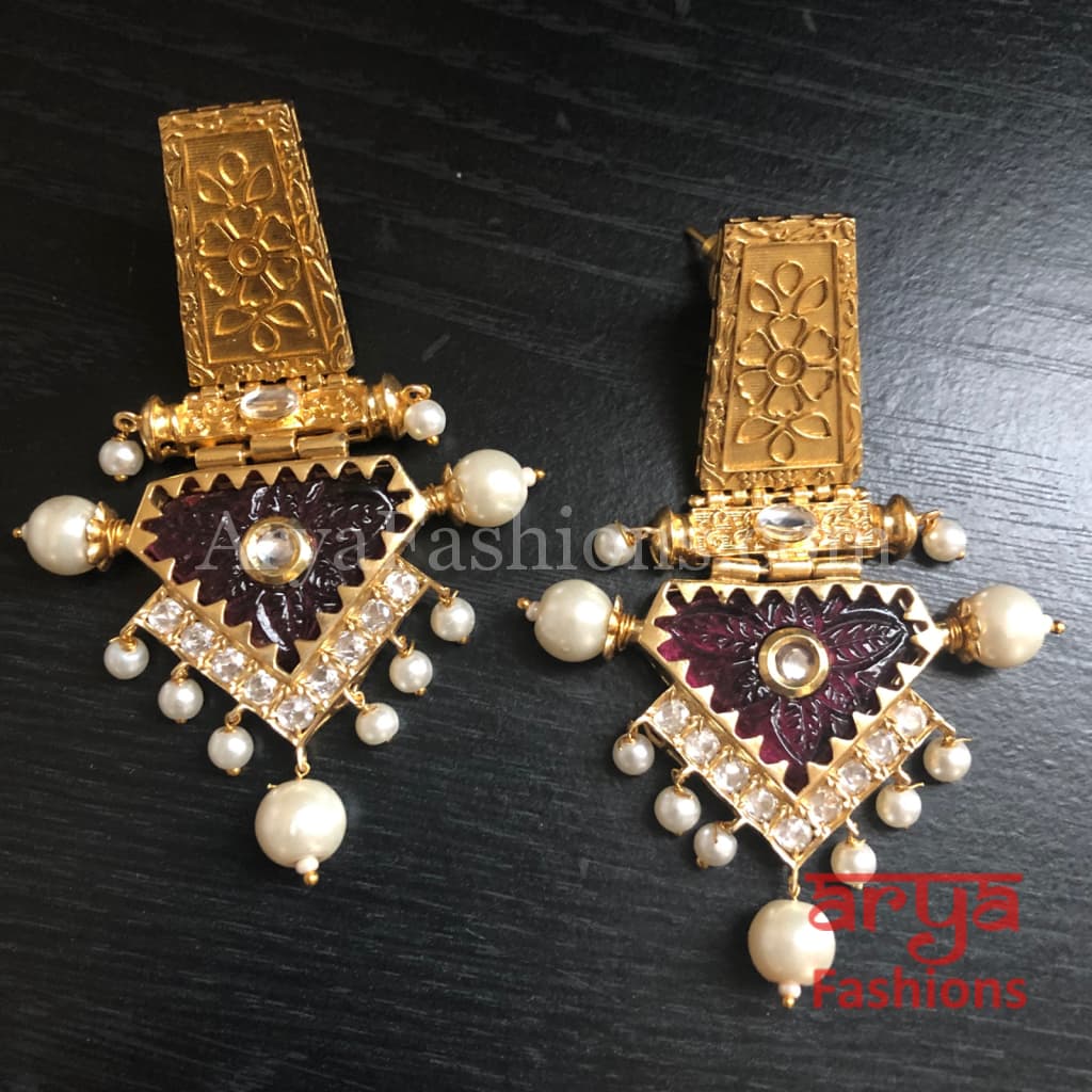 Rabia Kundan Earrings with Handcarved stone/ Amrapali Inspired