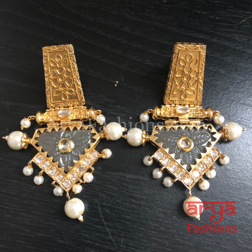 Rabia Kundan Earrings with Handcarved stone/ Amrapali Inspired
