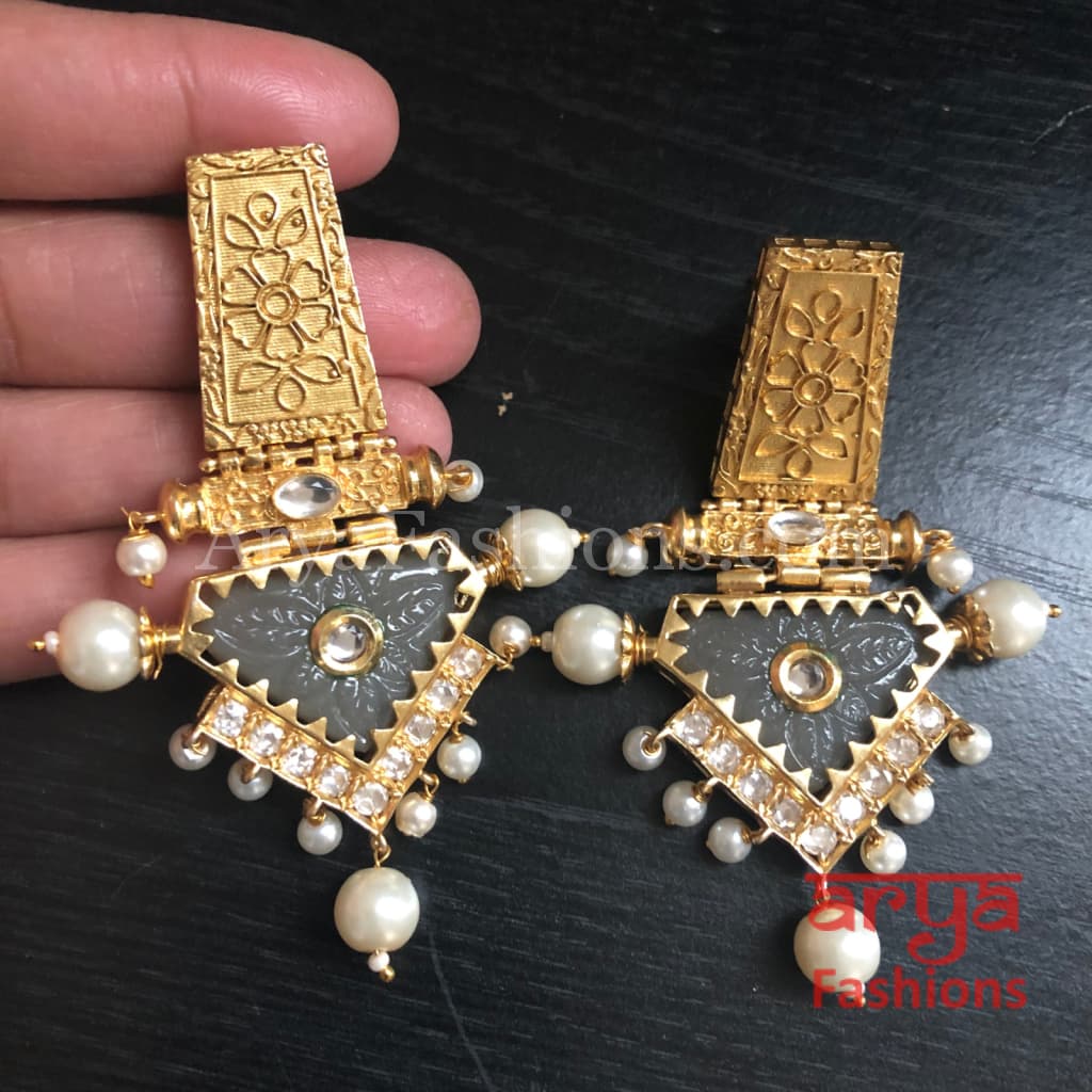 Rabia Kundan Earrings with Handcarved stone/ Amrapali Inspired