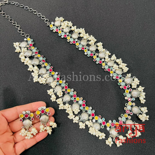 Radha Multicolor Stone Oxidized Silver Haram Necklace