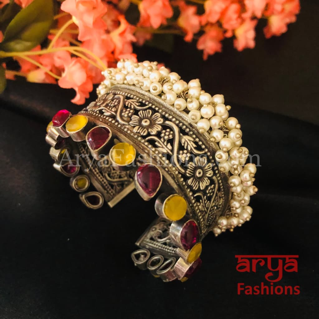 Raima Handcarved Multicolor Stone Cuff Bracelet
