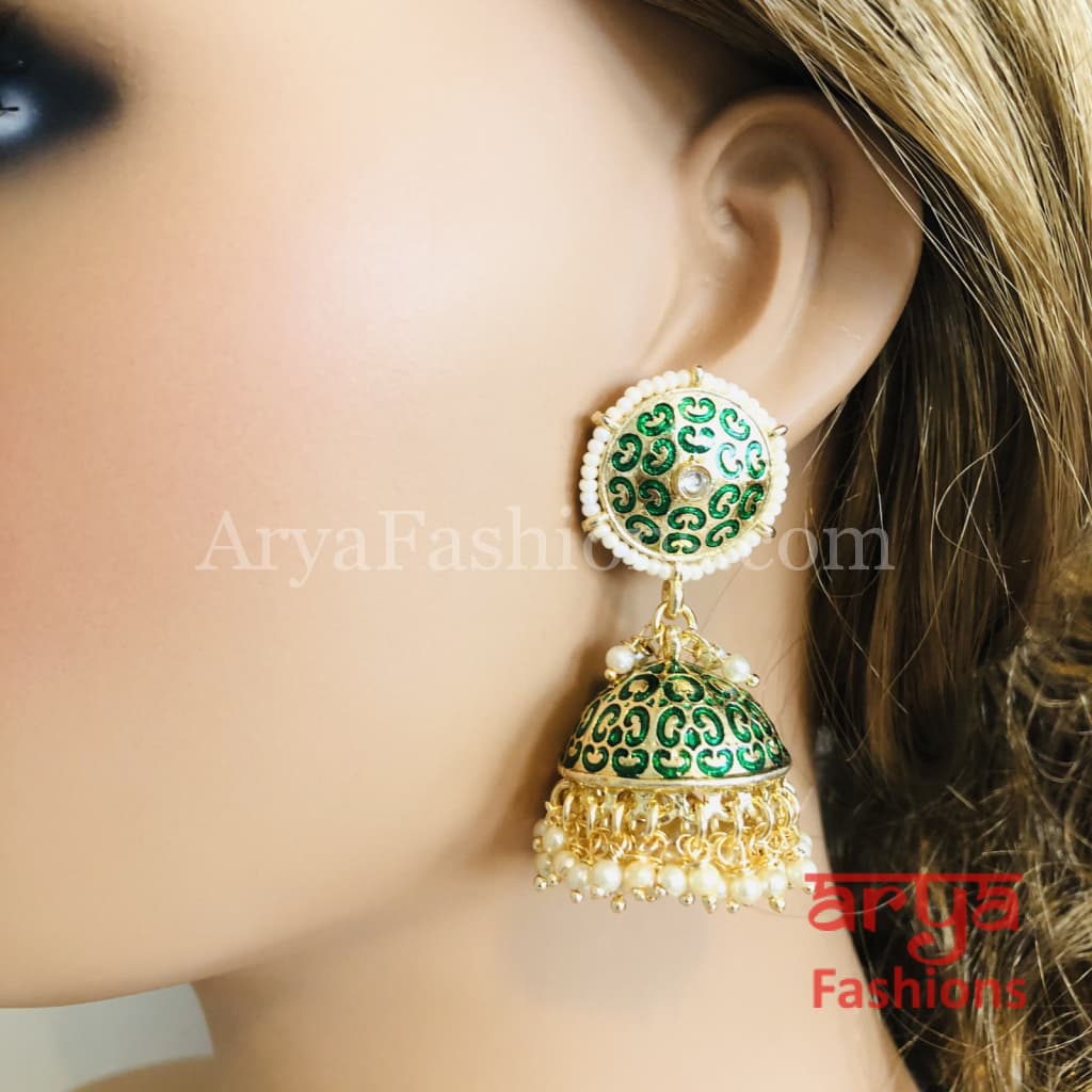 Rajasthani Meenakari Jhumka Earrings with Pearl beads