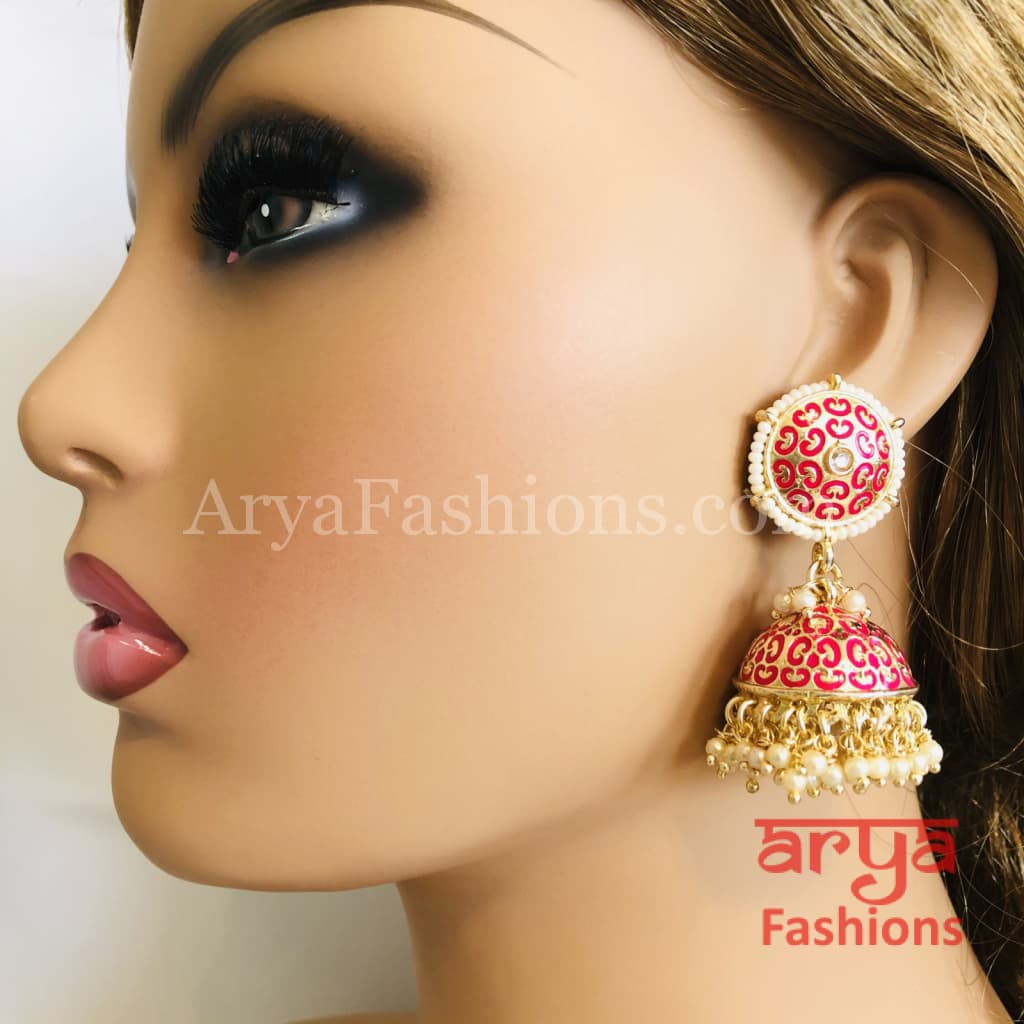 Rajasthani Meenakari Jhumka Earrings with Pearl beads