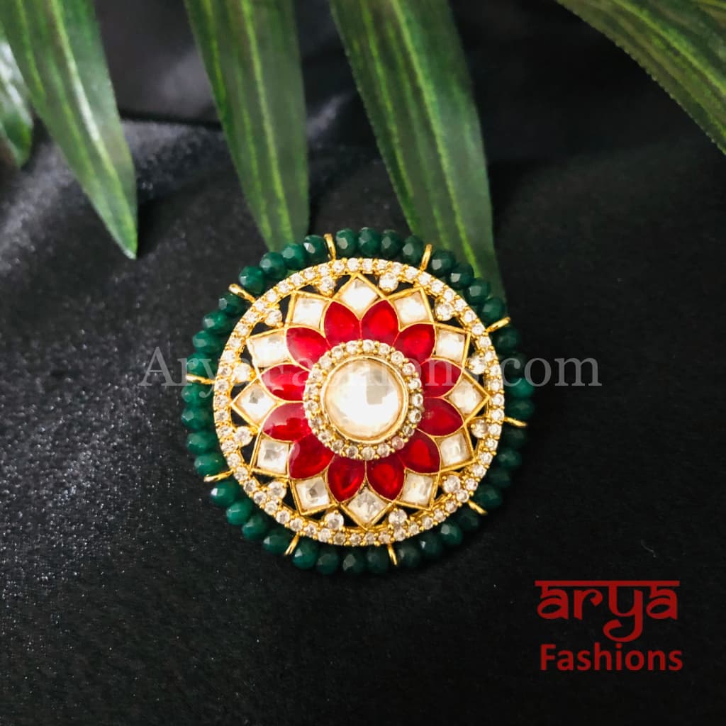 Rajwadi Emerald Ruby Pacchi Kundan Golden Adjustable Ring
