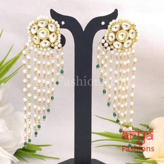 Rajwadi Long Kundan Designer Pearl Earrings