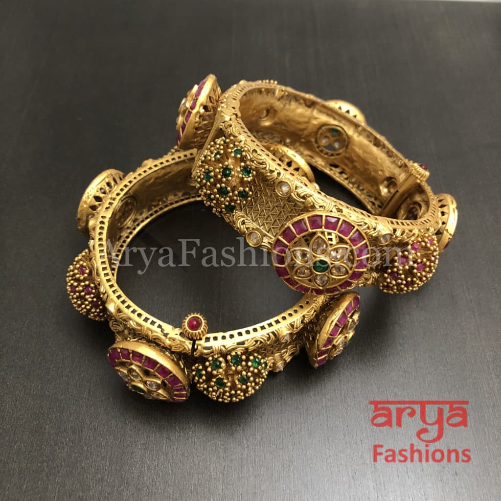 Rajwadi Ruby Bangles with Kundan/ Jaipuri Kada /Openable Punjabi