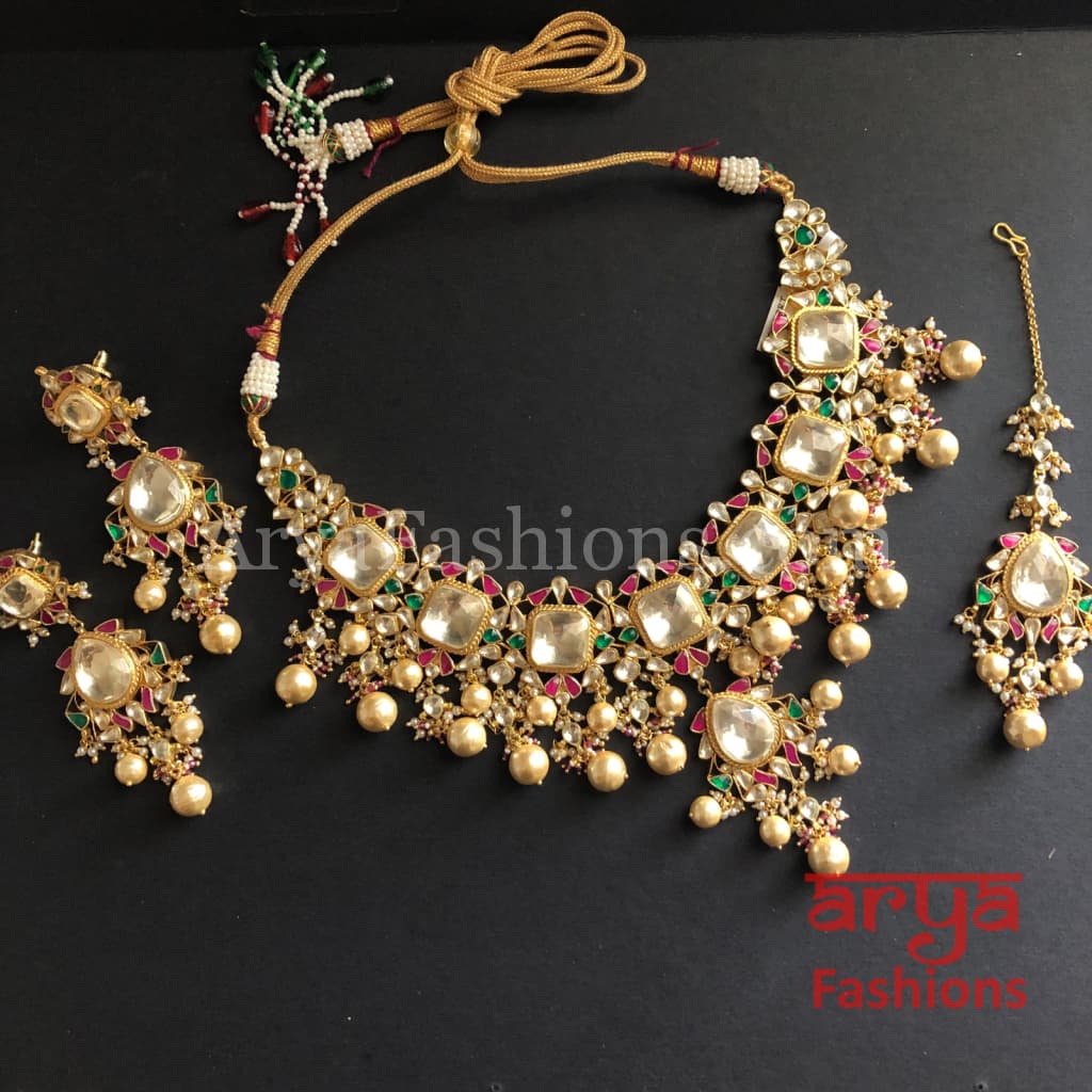 Rajwadi Ruby Bridal Kundan Necklace Set with Pearl Drops