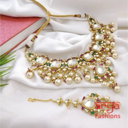 Rajwadi Ruby Bridal Kundan Necklace Set with Pearl Drops