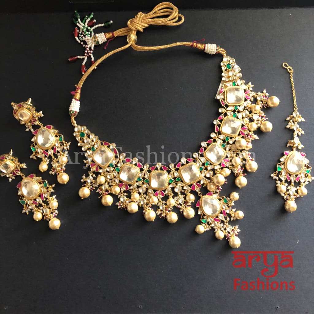 Rajwadi Ruby Bridal Kundan Necklace Set with Pearl Drops