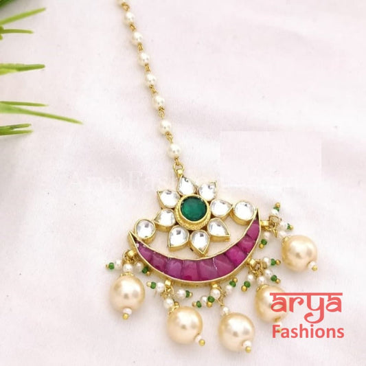 Rajwadi Ruby Green Kundan Jadau Mang Tika