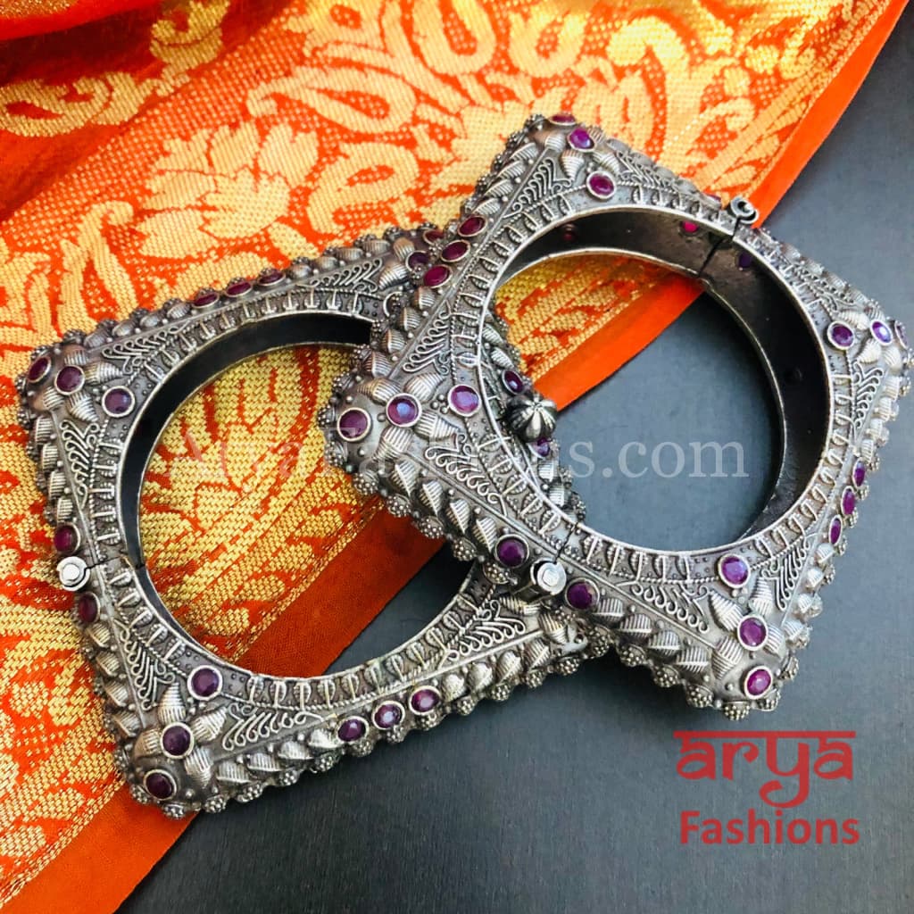 Rajwadi Tribal Silver Oxidized Bracelet colored stones/ Ethnic Bracelet/Boho