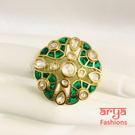 Rani Emerald Kundan Adjustable Ring