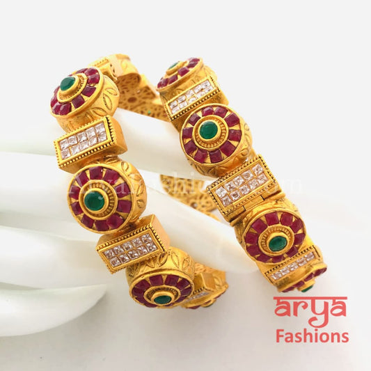 Rani Ruby Emerald Kundan Bangles Bracelets/ Openable Kada/ Pair of 2