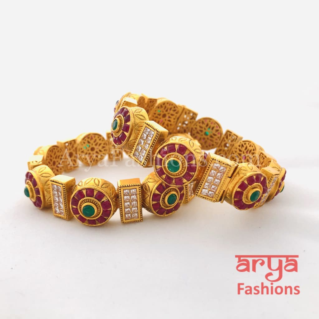 Rani Ruby Emerald Kundan Bangles Bracelets/ Openable Kada/ Pair of 2