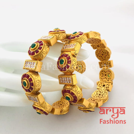 Rani Ruby Emerald Kundan Bangles Bracelets/ Openable Kada/ Pair of 2