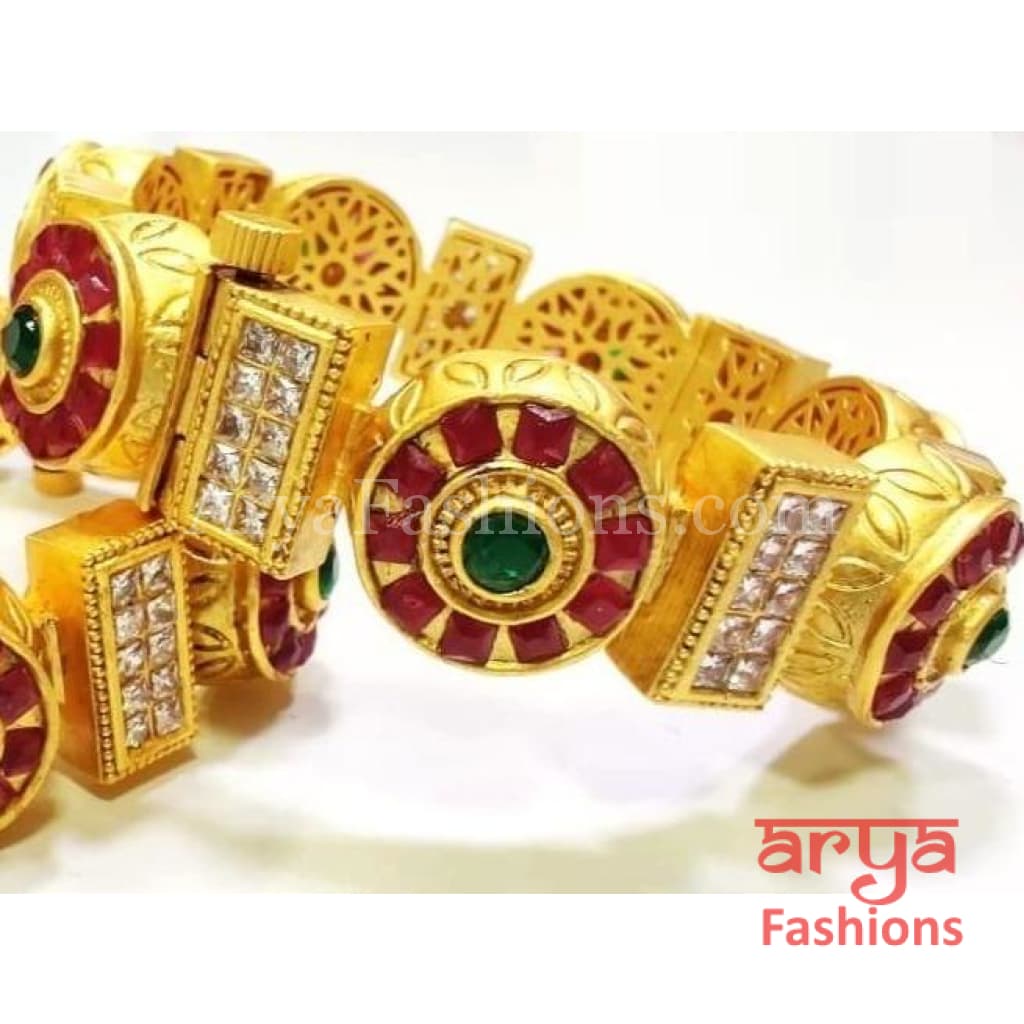 Rani Ruby Emerald Kundan Bangles Bracelets/ Openable Kada/ Pair of 2