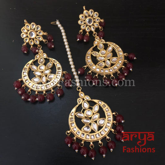 Red Green White Mang Tika and Chandbali Earrings Combo Set