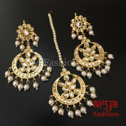 Red Green White Mang Tika and Chandbali Earrings Combo Set