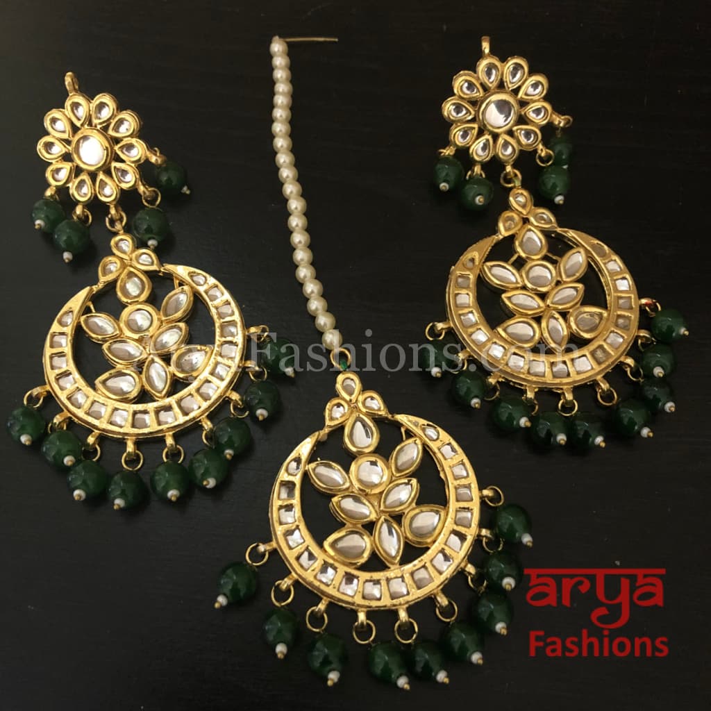 Red Green White Mang Tika and Chandbali Earrings Combo Set