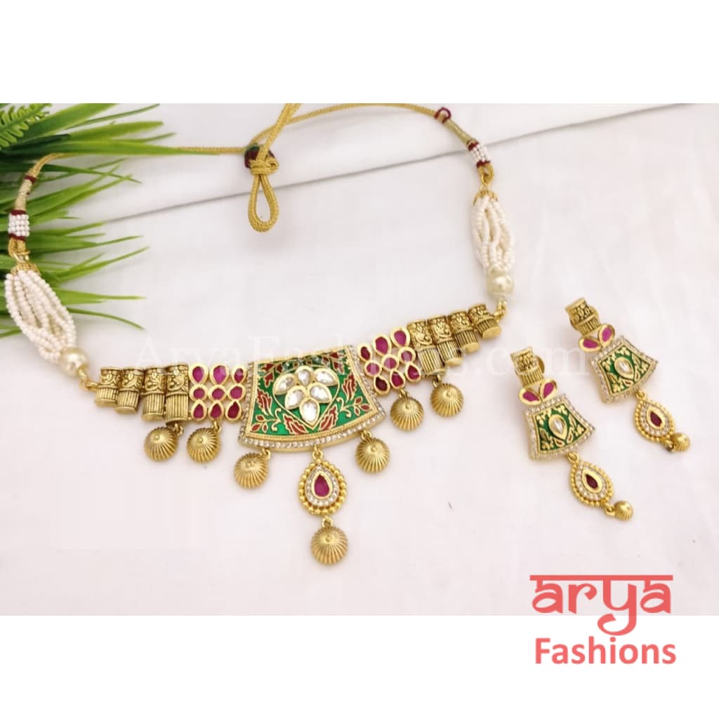 Reshma Rajwadi Antique Kundan Choker with Meenakari