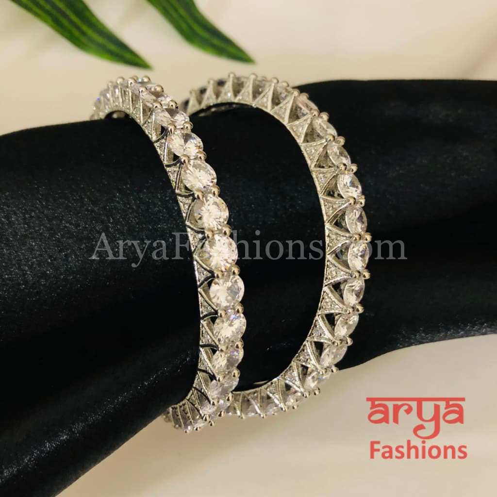 Rhodium Silver Solitaire Stone Bangles Set of 2