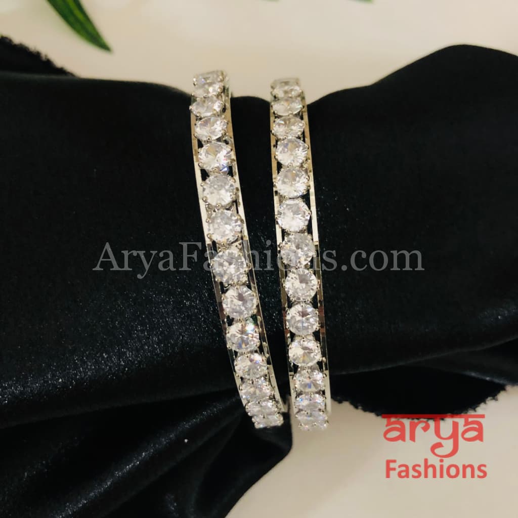 Rhodium Silver Solitaire Stone Bangles Set of 2