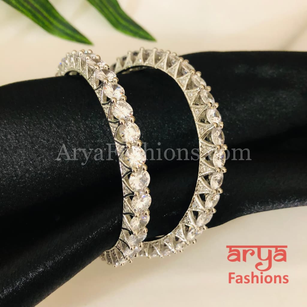 Rhodium Silver Solitaire Stone Bangles Set of 2