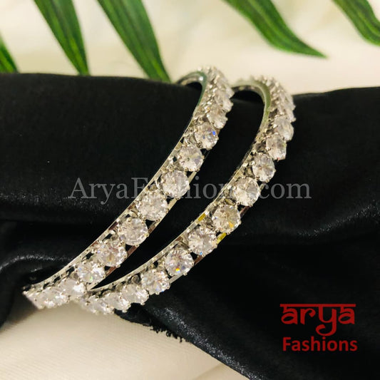 Rhodium Silver Solitaire Stone Bangles Set of 2