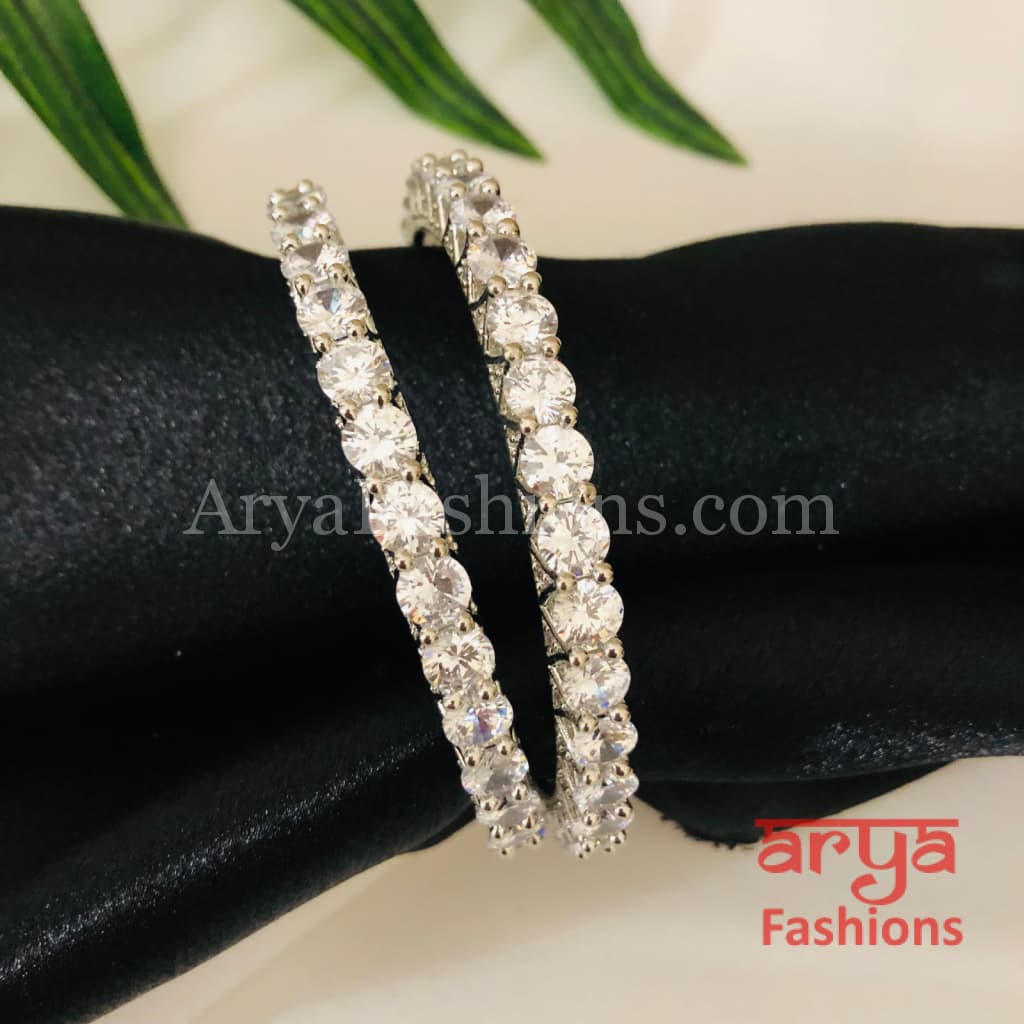 Rhodium Silver Solitaire Stone Bangles Set of 2