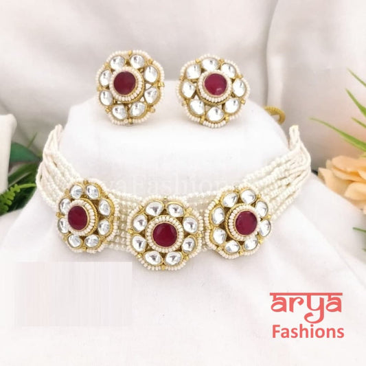 Rinisha Kundan Pearl Choker with Ruby Emerald Stones