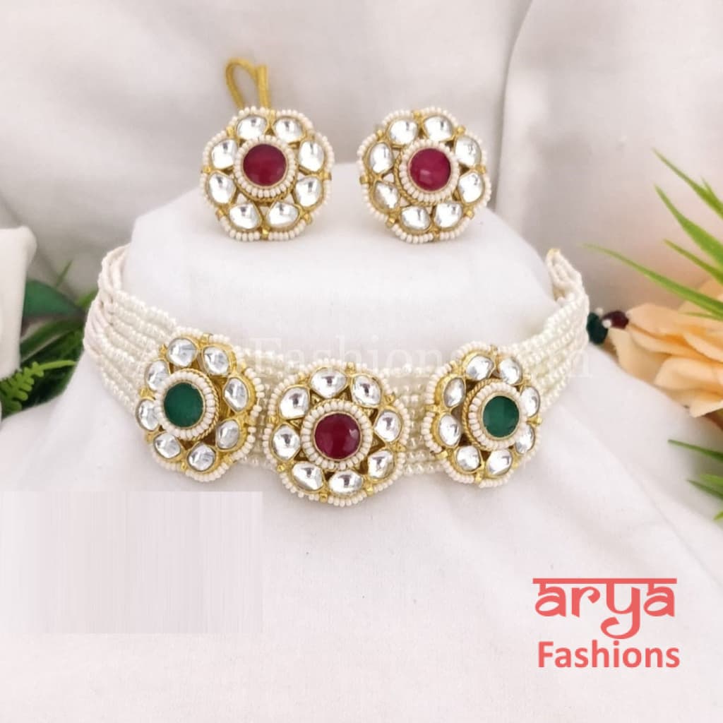 Rinisha Kundan Pearl Choker with Ruby Emerald Stones