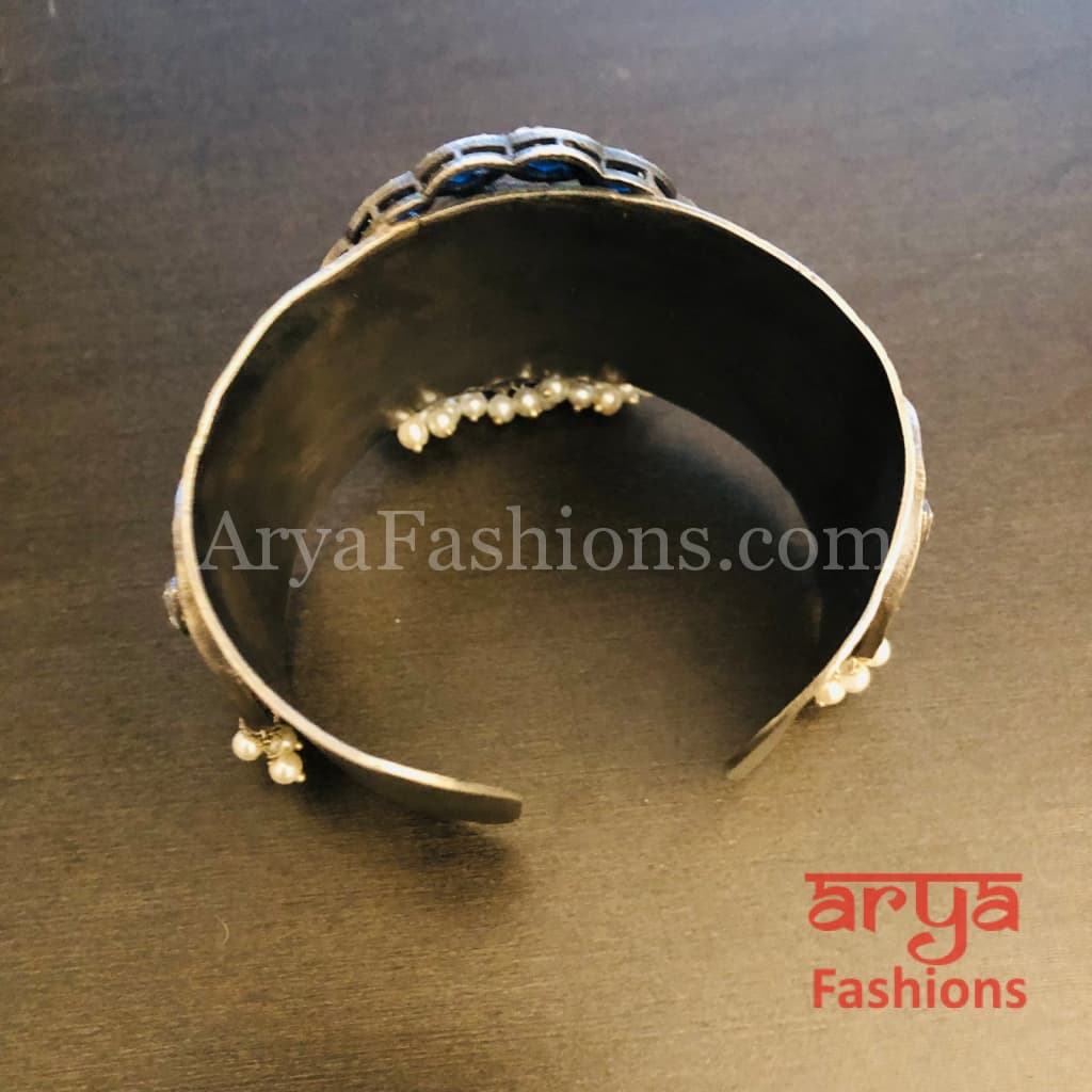 Risha Blue Beads Handwork Oxidized Silver Statement Cuff Bracelet