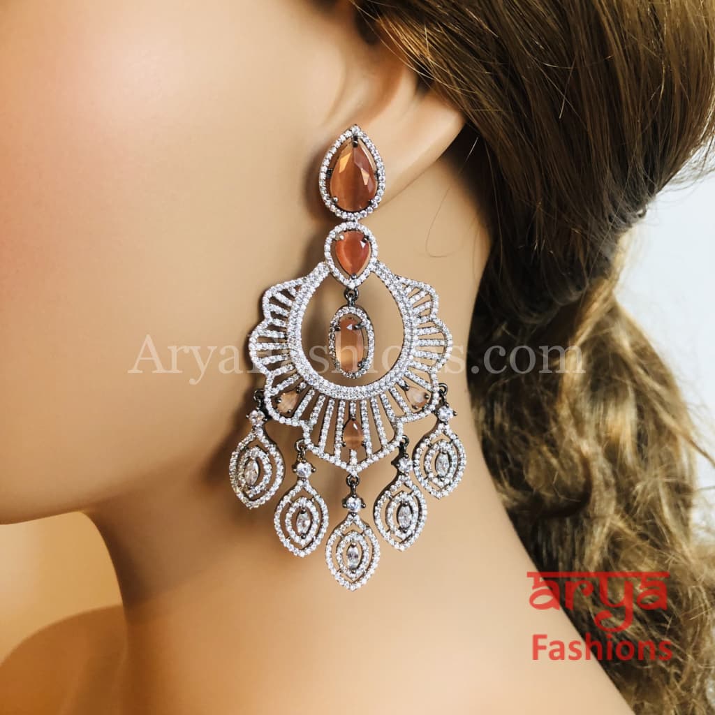 Risha Victorian Black finish Cubic Zirconia Party earrings with Peach stones