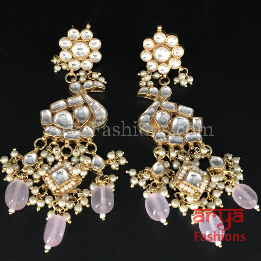 Rohini Kundan Peacock Earrings with Light Pink Beads