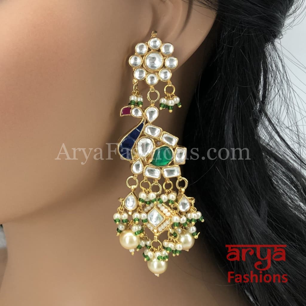 Rohini Ruby Emerald Kundan Peacock Earrings with Pearl Beads