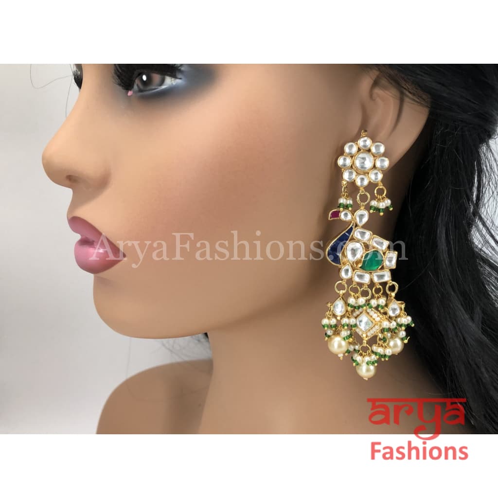 Rohini Ruby Emerald Kundan Peacock Earrings with Pearl Beads