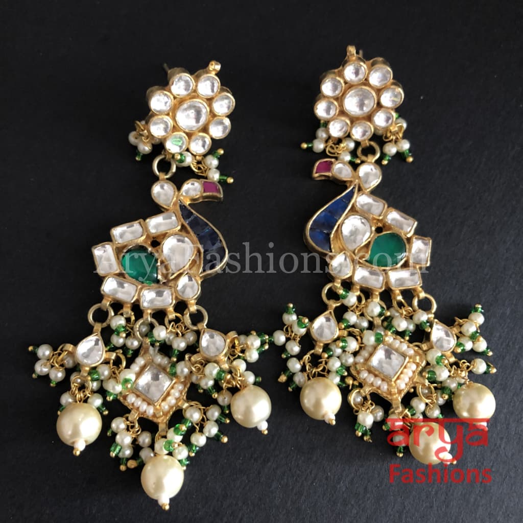 Rohini Ruby Emerald Kundan Peacock Earrings with Pearl Beads