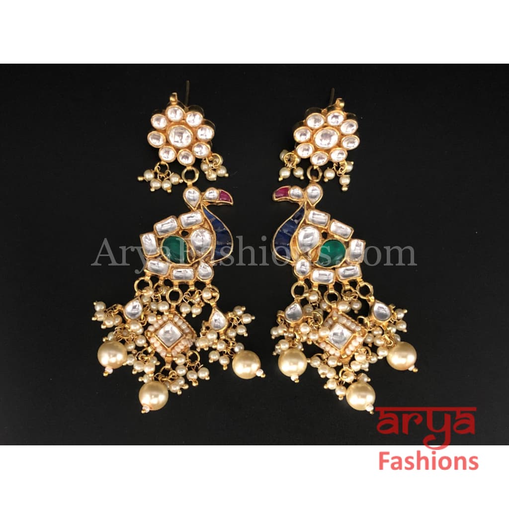 Rohini Ruby Emerald Kundan Peacock Earrings with Pearl Beads