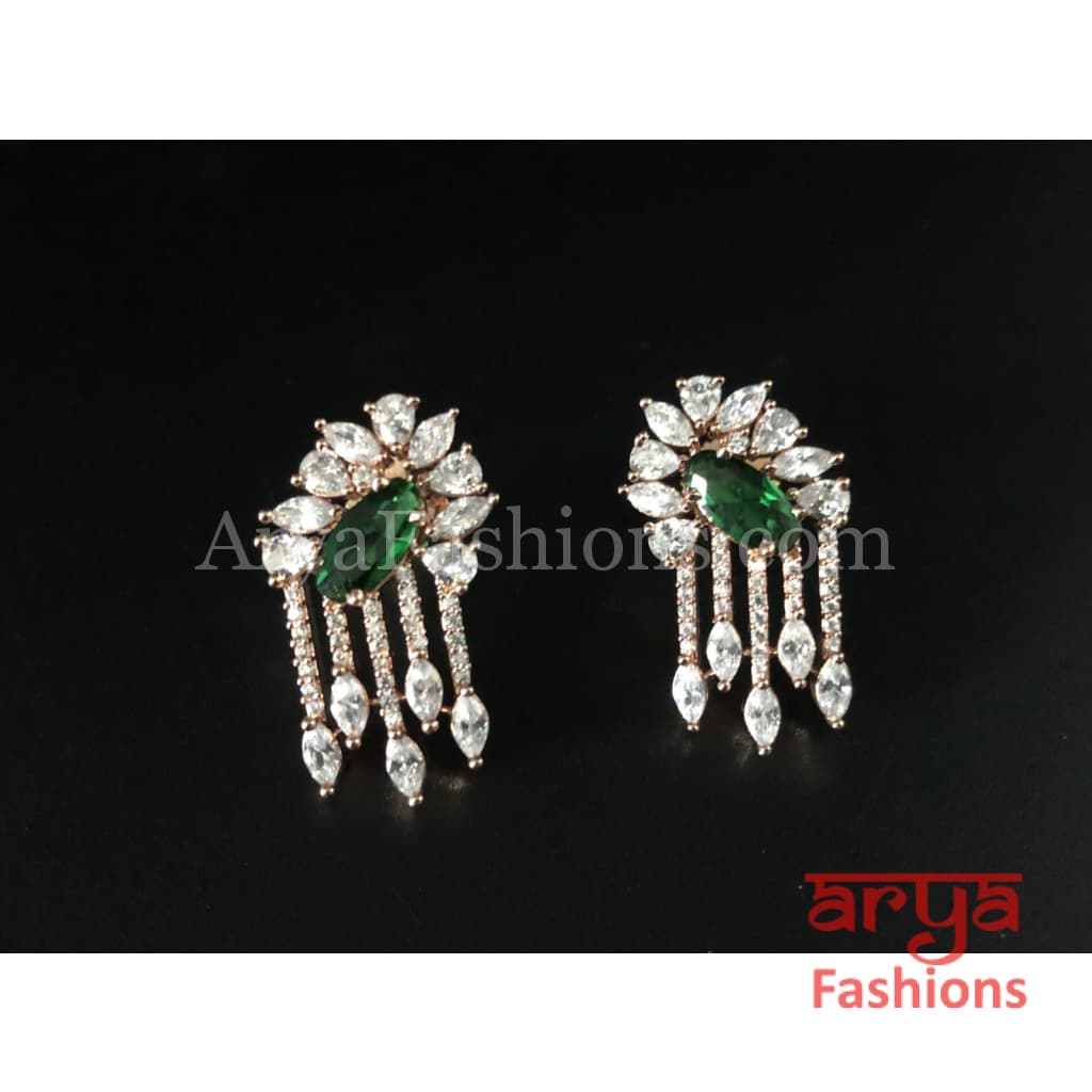 Rose Gold Cubic Zirconia studs with Dark Green Stones