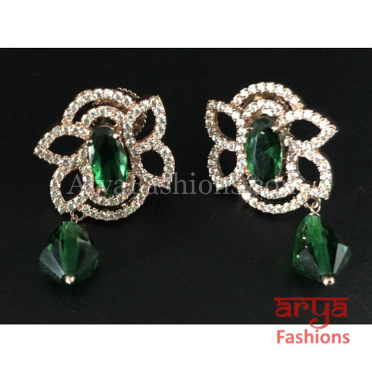 Rose Gold Cubic Zirconia studs with Green Beads