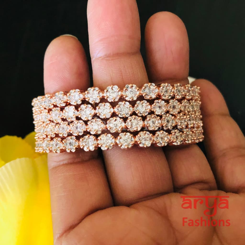 Rose Gold CZ Bangles Set of 4 Flower