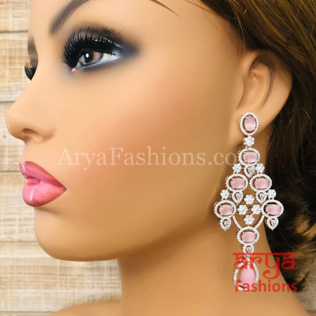 Rose Gold CZ Chandelier Earrings / Silver Colored Stones Chandbali
