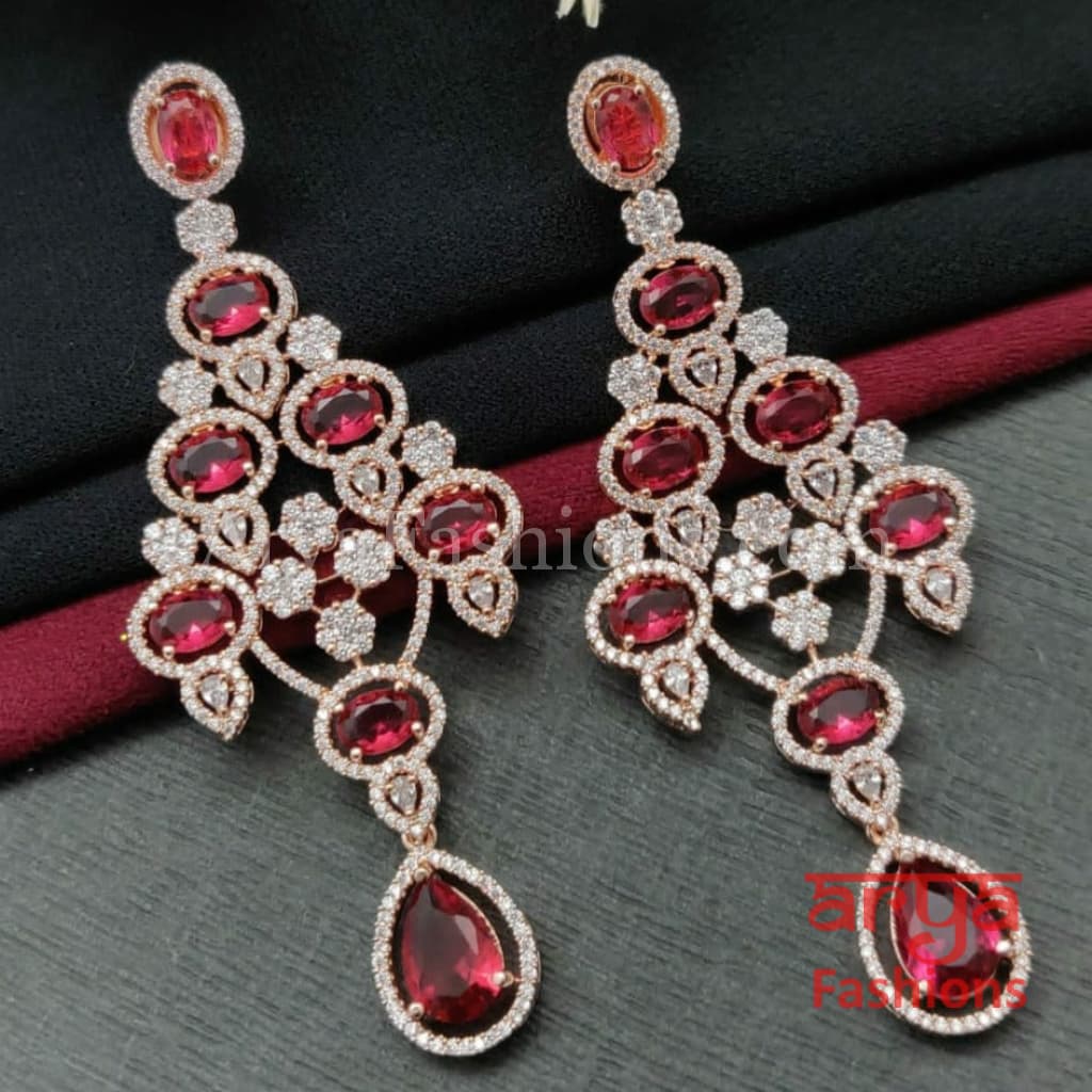 Rose Gold CZ Chandelier Earrings / Silver Colored Stones Chandbali