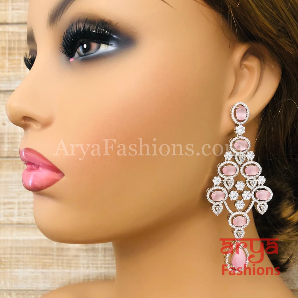 Rose Gold CZ Chandelier Earrings / Silver Colored Stones Chandbali