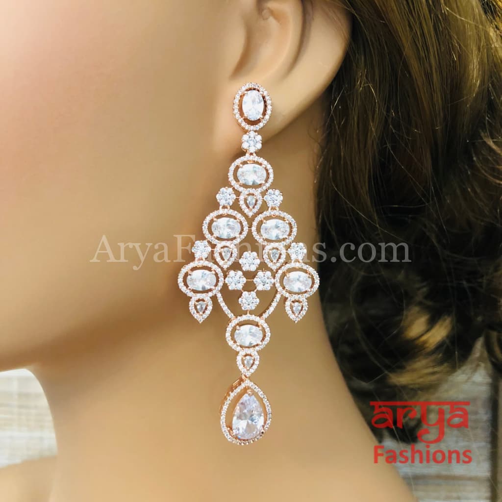 Rose Gold CZ Chandelier Earrings / Silver Colored Stones Chandbali